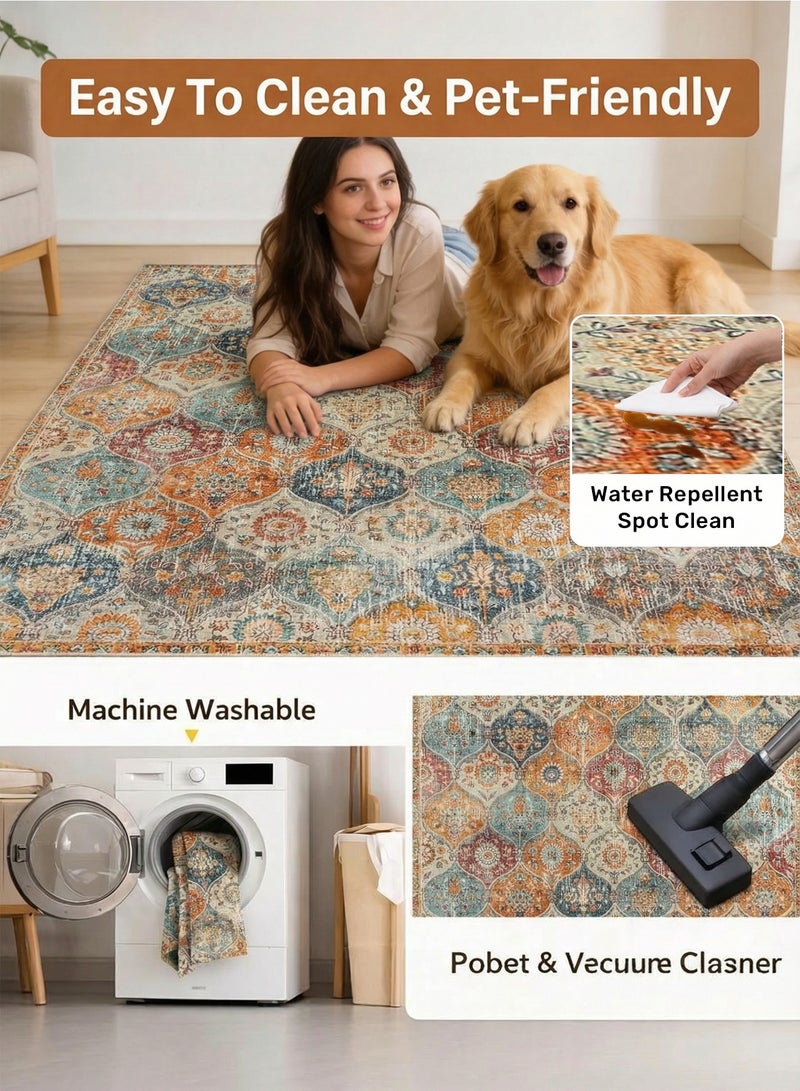 TELANPU 160*230cm Machine Washable Area Rugs with Non-Slip Backing, Ideal for Hallway, Living Room, Bedroom, Kitchen and Laundry Room, Vintage Moroccan and Low Pile Rug，160*230cm，Machine Washable Area Rugs with Non-Slip Backing, Ideal for Hallway, Living Room, Bedroom,Living Bedroom Office Dining Room, Bohemian Area Rugs and Low Pile Rug - Image 5